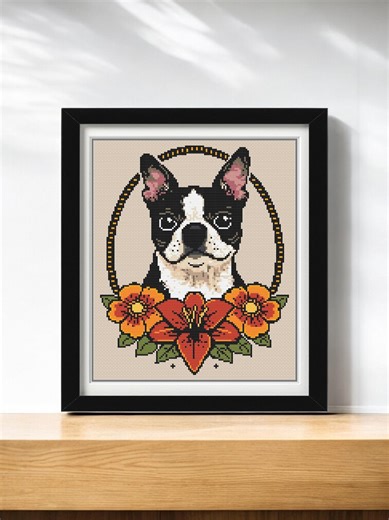 Boston Terrier Cross Stitch Pattern PDF – Floral Tattoo Style Dog Portrait – Modern Pet Needlework Design - Etsy