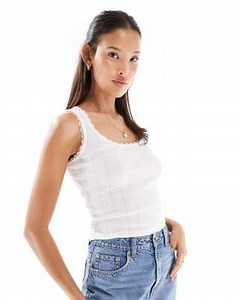 Miss Selfridge lace trim pointelle vest in white | ASOS