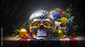 colorful decorated skull among flowers and fruits. symbol of Day of the Dead, Dia de los Muertos.