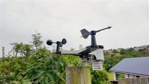 An outdoor weather station sensor array measures wind direction, wind speed, temperature, humidity, rainfall, and UV radiation, illustrating modern environmental monitoring and meteorological technolo