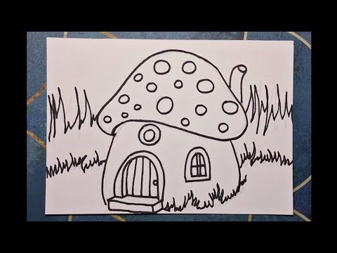 Mushroom house drawing, how to draw mushroom house, step by step drawing, drawing tutorial 