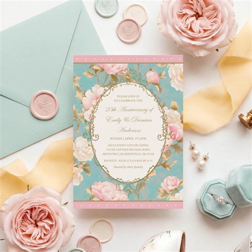 Floral Anniversary Party Invitation, Elegant Vintage Blue Pink Botanical Garden Party - Etsy