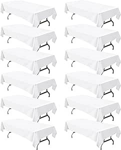 BIGTONE 12 Pack White Rectangle Tablecloth 60 x 102 Inch, Cross Ribbon Packing Reusable Table Clothes for 6 Foot Tables, Wrinkle Resistant Polyester Fabric Table Cover for Wedding, Party, Banquet