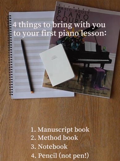 Don’t show up empty-handed! 🎶 Here are the 4 things every new pianist needs for their very first lesson!🎹✨ . 1. Manuscript Book This is your blank canvas for music theory. You’ll use these lined staves to learn how to draw notes, write out scales, and eventually compose your own melodies. It helps you understand the