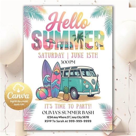 Summer Birthday Invitation, Beach Party Invite, Editable Summer Bash Invite, Tropical Kids Party Invite, Printable Birthday Invite BPI1 - Etsy