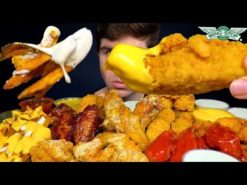 asmr mukbang Wingstop chicken tenders Boneless wings Cajun corn & cheesy Voodoo fries W extra Ranch