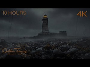 Moody Night at the Lighthouse | Ocean Waves, Rain & Deep Fog Horn Ambience [4K] 10 Hours