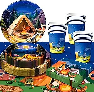 Camping Party Decorations Tableware, Serves 20 Camping Party Tableware Set - Camp Party Plates Napkins Cups Tablecloth etc Happy Camper Birthday Decorations for Camping Party Supplies