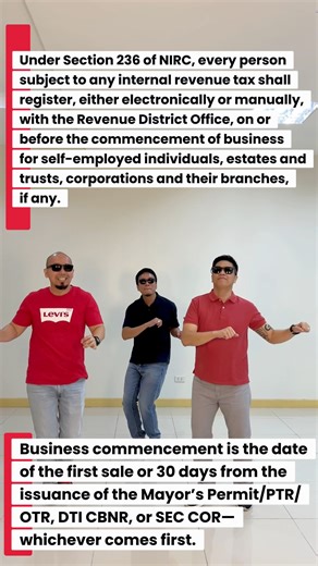 📌 TAX TRIVIA 🤔DID YOU KNOW? Under Section 236 of the NIRC, all persons subject to internal revenue tax are required to register with the BIR/RDO—online or manual—on or before the start of business. 📅 Commencement of business shall be reckoned from the day: ✔️ On your first sale, OR ✔️ 30 days from the issuance of your Mayor’s Permit / PTR / OTR / DTI / SEC registration — whichever comes first! #BIR #RDO18 #OlongapoZambales #TaxFacts #TaxTrivia #everyonehighlightsfollowers #facebookreelsviral 
