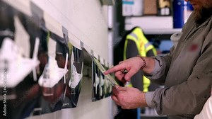 professional points to pictures of helicopter paint job pasted on wall. Specialist painter at work discussing future color scheme of aircraft.