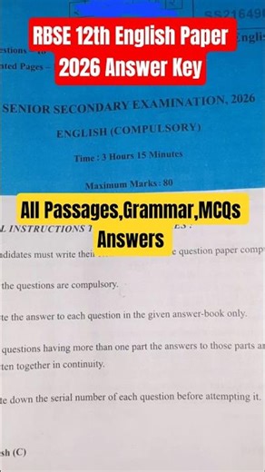 rbse class 12 English Paper 2026 answers ● rbse class 12th solved English paper 2026