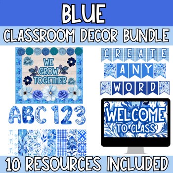 Blue Theme Classroom Decor Bundle | Editable Bulletin Boards, Labels & Slides