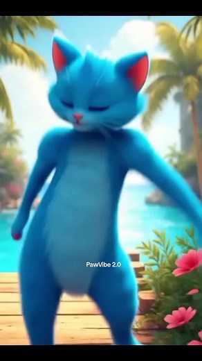 Big-Headed Blue Kitten Dancing Reggaeton on Tropical Pier