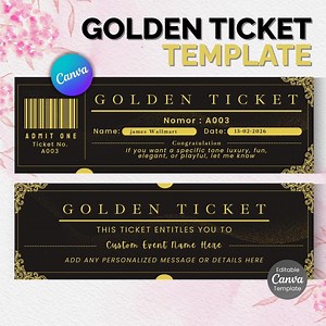 Golden Ticket Template, Printable Golden Ticket Editable Template, Golden Event Ticket, Custom Ticket Invitation, Golden Voucher Template - Etsy Canada