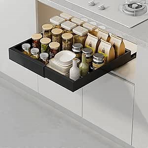 No Screw Adjustable Adhesive Pull out Cabinet Drawers,Expandable Peel & Stick Slide out Shelf, No Drill Stick on Sliding Roll out Cupboard (2 Pcs black(for cabinets with partition), 12.6-20.5”)