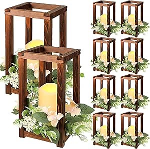 Hushee 30 Pcs Wooden Wedding Lantern Centerpiece Integrated Holders with Candles and Wreaths Rustic Wooden Candle Lantern Decor for Wedding Party Table Valentine Decor (Brown)