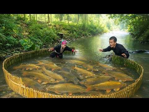 Survival skills: A dwarf family creates rudimentary traps to catch stream fish, primitive life