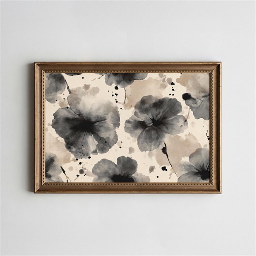 Moody Black Ink Floral Art Print – Monochrome Scandinavian Wall Decor (digital Download) - Etsy