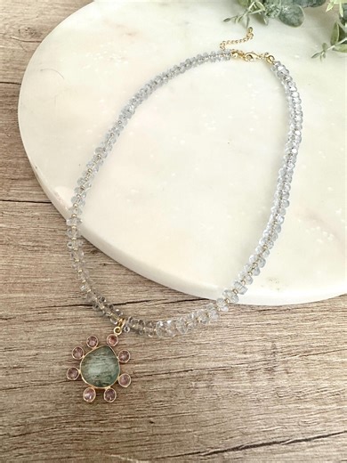 Blue Quartz Necklace, Gold Filled Blue Topaz & Pink Zirconia Pendant - Etsy