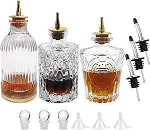 LINALL Bitters Bottle Set - Syrup Bottles with Stainless Steel Pourers, Glass Vintage Bottle,
