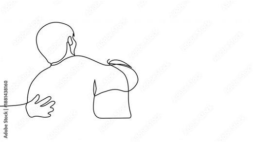 line drawing animation of two men hugging while a third man stands alone looking away, representing male friendship, conflict, and the outsider concept on a white