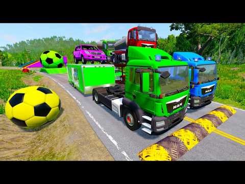 Double Flatbed Trailer Tuck vs Speedbumps Train vs Cars | Tractor vs Train Beamng.Drive