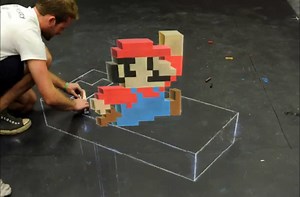 Super Mario 3D chalk art.
