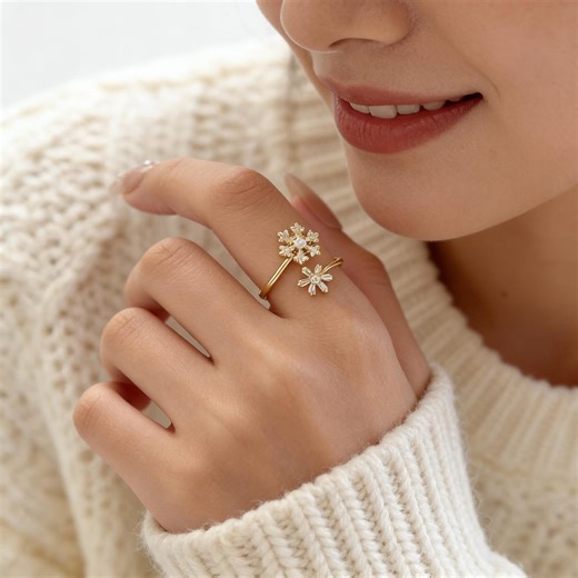 Snowflake Fidget Ring, Cubic Zirconia Rotatable Anxiety Band - Etsy