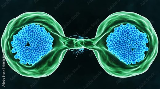 Detailed microscopic 3D rendering of a single biological cell undergoing the crucial process of division showcasing the intricate separation of genetic material within its vibrant green membrane esse.