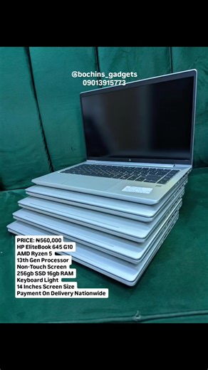 PRICE: ₦560,000 HP EliteBook 645 G10 Processor: AMD Ryzen 5 13th Gen Processor Non-Touch Screen 256gb SSD 16gb RAM Keyboard Light USB Port Type C Port HDMI Port 14 Inches Screen Size Windows 11/10 Pro 64bit Foreign Used, Tested Perfectly Ok. Clean & Neatly Used! Slim, Sleek and Portable ➡️Long Lasting Battery Life ➡️FREE Laptop Bag 💼 ➡️FREE Drivers Updates ➡️FREE Software Installations ➡️FREE Windows Activation ➡️FREE Original Follow Come Laptop Charger ➡️1 Month Warranty (Warranty Does Not Cov
