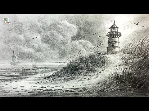 How to draw Beautiful Light House in Seascape with Step by Step Pencil Art