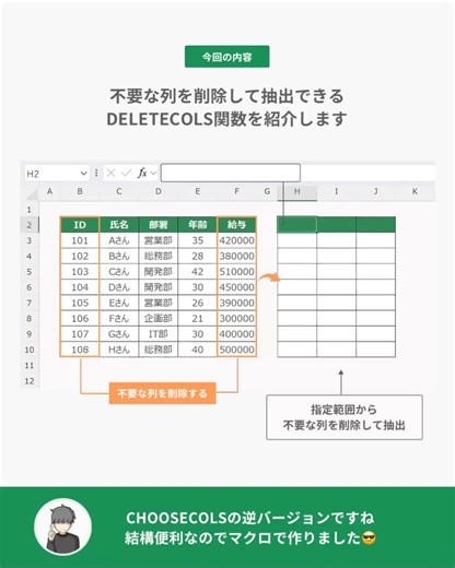かず| Excelオタクの自動化テク📚 on Instagram: "＼便利な関数作りました／ 📗今回は選択範囲から不要な列を削除して抽出できるDELETECOLS関数を紹介します。 新関数??……ではなくマクロで作りました🙌 もともと、セル範囲から指定した列番号の列データを取得する”CHOOSECOLS”という便利な関数があるんですが… 実務では指定した列以外を取得したい なんてシーンも結構あります💦 そんな時に使えるのが このDELTECOLS関数になります（マクロで作った関数） マクロコードを標準モジュールにコピペするだけで使用可能になります！ ※アドインにコピペすればどのExcelブックでも使用できるようになります。詳しくはググるかAIに聞いてみてください。 マクロコードはプロフィールに貼ってあるURLページに置いています🧑‍💻 ぜひ使ってみてください！ - - - - - - - - - - - - - - - - - - - - ・Excelコーチング ・ Excelファイル作成 ・ Excelマクロにてファイル作成 ・自動化の相談 などなどお仕事の依頼はDMま