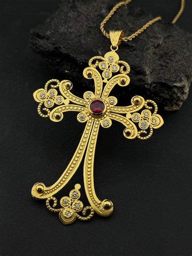 Large Gold Cross Pendant, Filigree Byzantine Cross Necklace, Statement Orthodox Cross, 50mm 70mm 100mm Sizes, Ruby Gold Cross for Women - Etsy