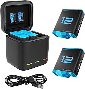 REYGEAK Battery Charger Kit for GoPro Hero 12 11 10 9 Black, Portable Charger 3-Channel Battery Charging + 2 Pack Battery for Go Pro 12 11 10 9 Original Batteries Accessories