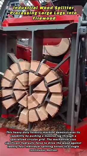 Industrial Wood Splitter Processing Large Logs Into Firewood