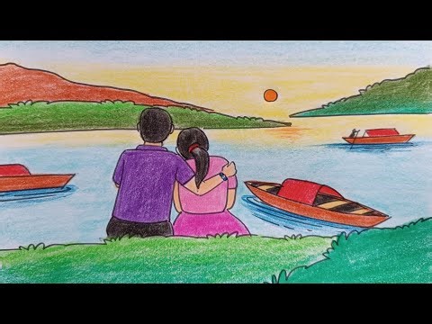 Cute Couple Drawing in Sunset ।। Scenery Art ✨❤️🖍️”