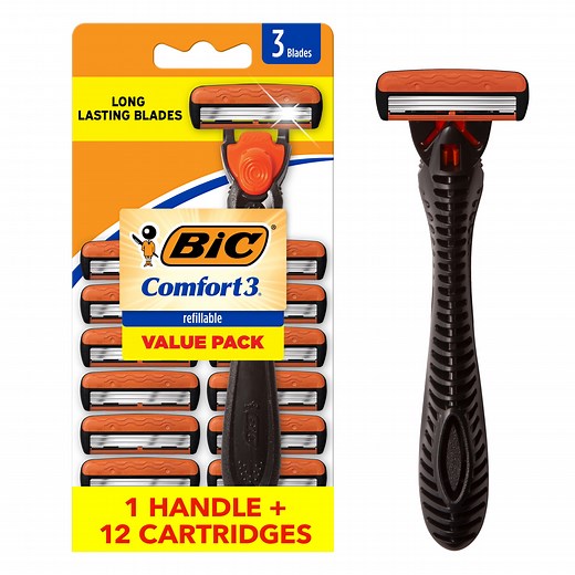 BIC Comfort 3 Refillable Three-Blade Razor Kit for Men, Sensitive Skin, 1 Handle and 12 Cartridges