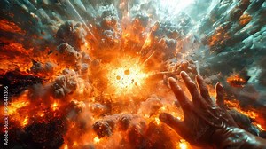 A man tries to shield himself from an explosion and fire with his hand, explosive explosion with human hand