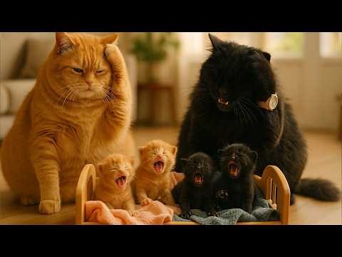 Ginger Mama Cat and Black Papa Cat’s Life with 4 Newborn Kittens