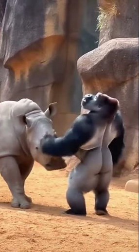 Gorilla vs. Rhino: Dominance Display in Zoo Enclosure #wildlifeentertainment #action #gorilla