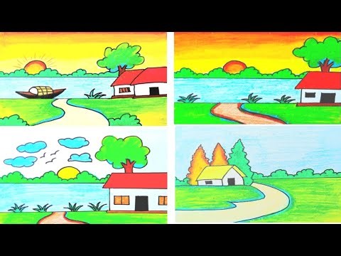 Easy landscape drawing for beginners|Learn house and nature simple painting