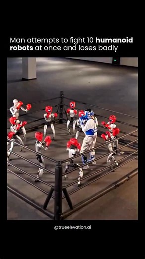 True Elevation AI on Instagram: "A short clip shows a staged “human vs. 10 humanoids” challenge that’s meant to demonstrate coordination and control rather than real fighting. In the setup, one participant steps into a controlled space while multiple bipedal robots move in together, keeping their footing, reorienting after bumps, and maintaining steady, repeatable pressure as a group. The key takeaway isn’t raw “power,” but consistency: the robots don’t tire, don’t lose focus, and can keep closi