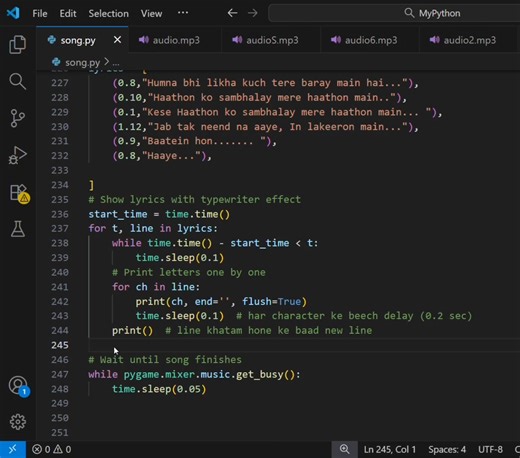 Pythony love song Baja Diya #Python #PythonProject #MusicPlayer #CodingFun #PythonCode #LearnPython #TechProject #PythonProgramming #CodeWithPython #MusicInPython #PythonDeveloper #CodingLife #PythonTutorial #ProgrammingLove #TechLearning #love | CodeX AI