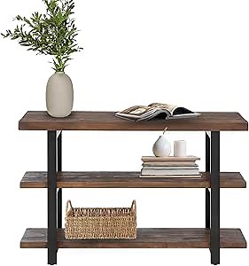 Alaterre Furniture Pomona Living Room Collection – 3-Tier Solid Wood Media Console Table with 2 Open Shelves and Metal Legs - Rustic Industrial Farmhouse TV Stand and Storage Console (Rustic Brown)