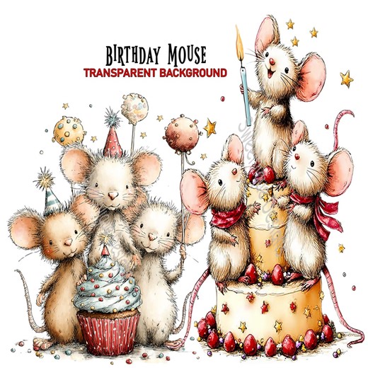 Birthday Mouse PNG Clipart: Whimsical Mice Graphics, Transparent Background, Watercolor, Sublimation, Print - Etsy