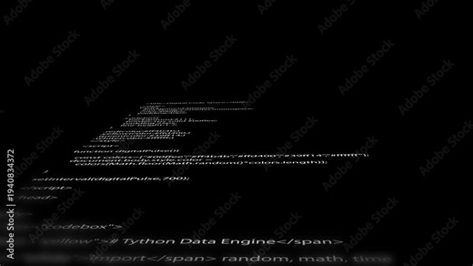 White Programming Code Script Scrolling From Bottom To Top On Black Background With Camera Perspective View. Random Coding Lines Typing Or Terminal Style Effect . Software Development and Technology