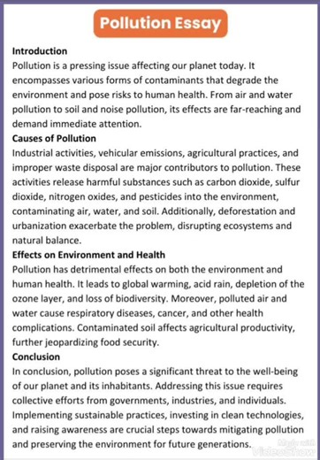 Pollution Essay in English 🌍 | Easy & Powerful Lines Pollution is destroying our environment 🌱 Watch this short and powerful essay on pollution explaining causes, effects, and solutions in easy English. Perfect for students & awareness videos 📚✨ #PollutionEssay #EnvironmentalAwareness #SaveEarth #EssayInEnglish #StudentsLife