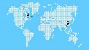 the plane flies along a trajectory from Asia to America. Airplane travel. Airplane fly from right to left. World map from point pattern on a blue background.