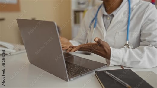 Doctor using laptop in hospital office with stethoscope visible on desk providing a real-time example of medical technology and communication in an indoor clinical setting