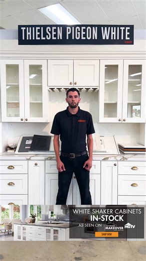 Did you know? Flooring Liquidators offers cabinets too! Our Thielsen Pigeon White cabinets are ready to be assembled & waiting for you. Upgrade your space with style and quality-visit our showroom today to explore our selection! #cabinets #interiordesign #flooring #diy #remodel #homeimprovement